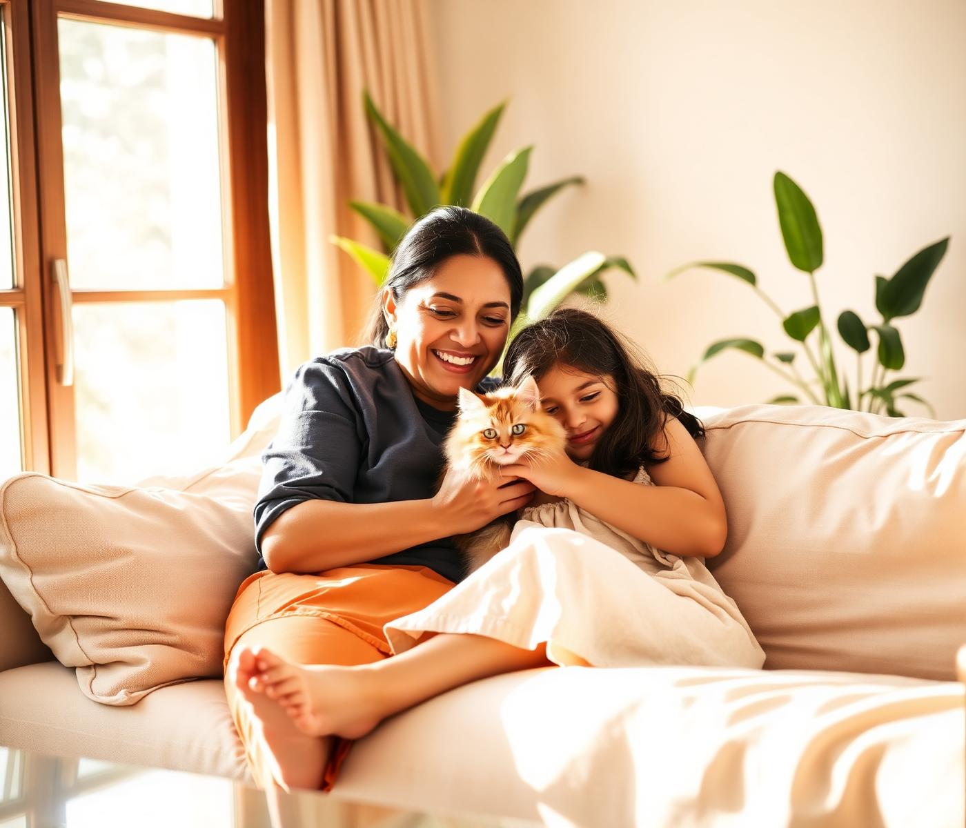 Familia colombiana con su gato de raza en casa
